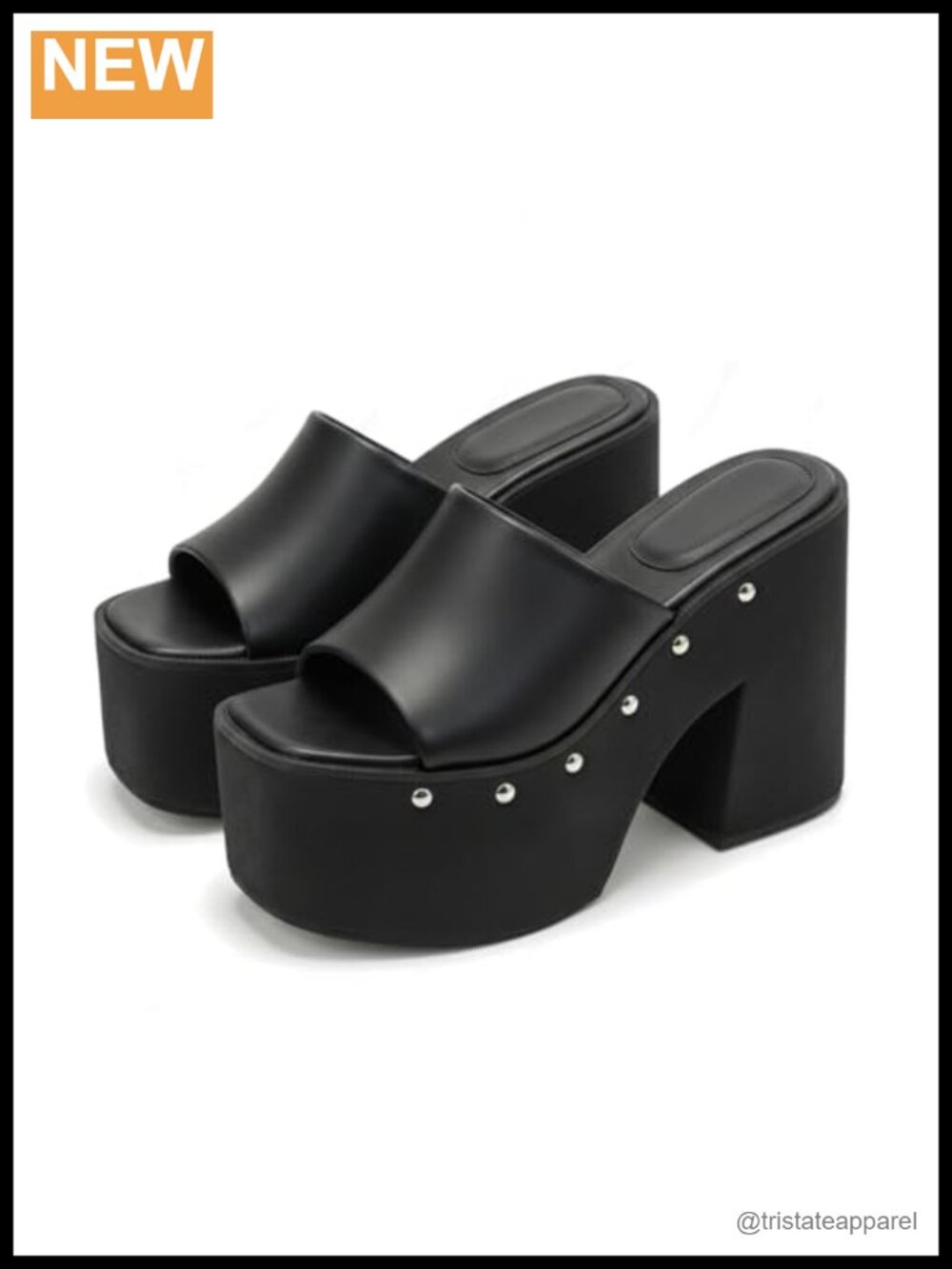 PU Platform Chunky Studded Square Toe Slip-On Block Heel Slides Sandals